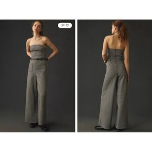 Maeve Strapless Houndstooth Wide-Leg Jumpsuit in Black and White